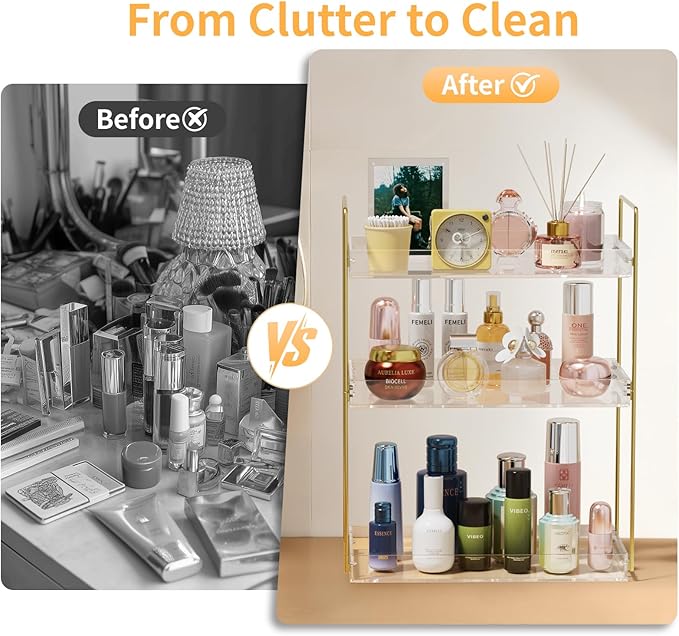 Bathroom Countertop Organizer, 3 Tier Acrylic Tray Vanity Counter Skincare Organizer Shelf, Kitchen Under Sink Standing Rack, Home Storage Holder for Lotion Makeup Cosmetics Perfume Spice, Gold