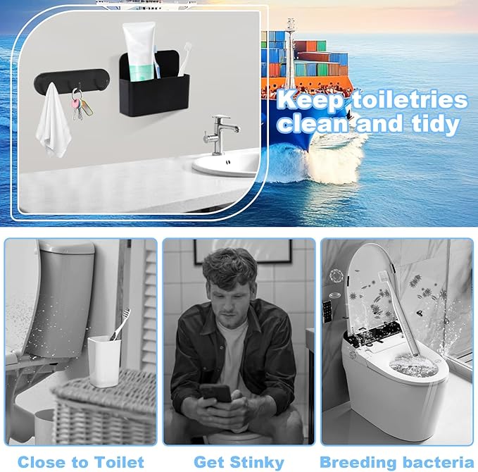 Magnetic Wall-Mounted Toothbrush Holder with Magnetic Hooks for Cruise ，Cruise Ship Essentials 2025- No Drilling Needed for Royal Caribbean & Alaska Cruise Ships, Caribbean Royal Must-Haves(Black)
