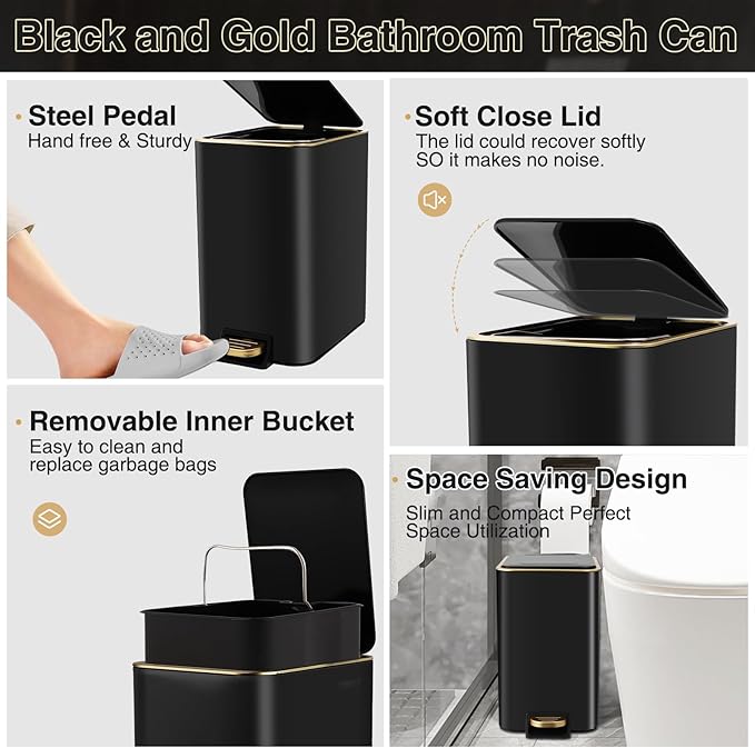 Black Bathroom Accessories 8 Piece Black and Gold Bathroom Set, Bathroom Accessories with Stainless Steel Bathroom Trash Can,Toilet Brush,Toothbrush Set,Soap Dispenser