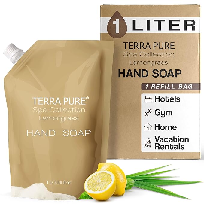Terra Pure Spa Collection 1 Liter Hand Wash Refill Bag For Soap Dispensers | Bulk Toiletries for Vacation Rentals, and Home Bathroom Showers | Green Tea Lemongrass | Single