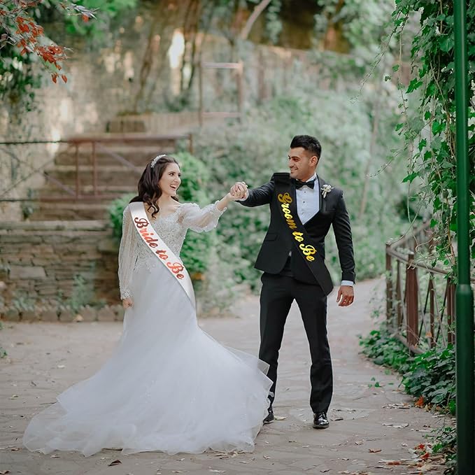 2 Pcs Bride to Be and Groom to Be Sash, Black & White Bachelorette & Bachelor Sashes for Bridal Shower Wedding Hen Party Decorations Lucky Mr & Future Mrs Engagement Gifts (Gold, Rose Gold Foil)