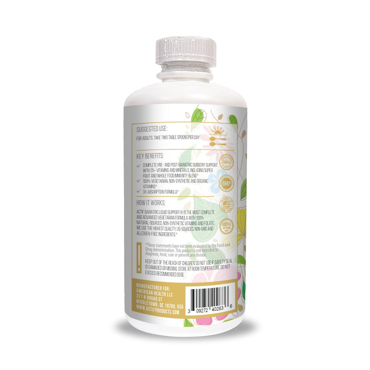 Actif Organic Bariatric Liquid Support With 25+ Organic Vitamins And Minerals For Bariatric Surgery, Advanced Formula, Non GMO, 32 Oz