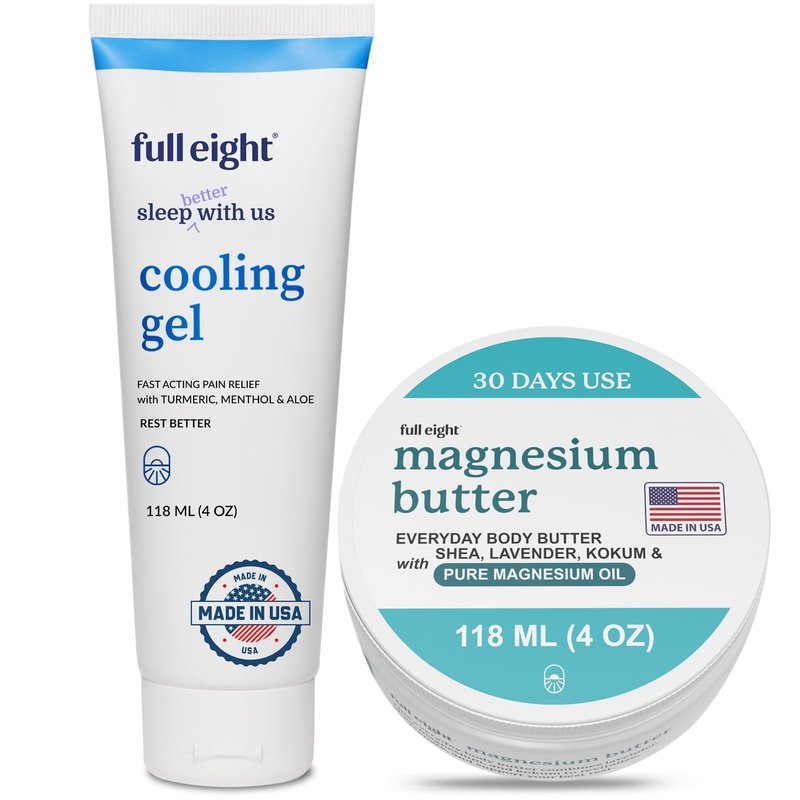 Full Eight Magnesium Body Butter and Fast Acting Cooling Gel Bundle - Calming and Sleep Supporting - Fast Absorbing, Deep Penetrating, Moisturizing, and Calming - Daily and Nightly Creams (4oz each)
