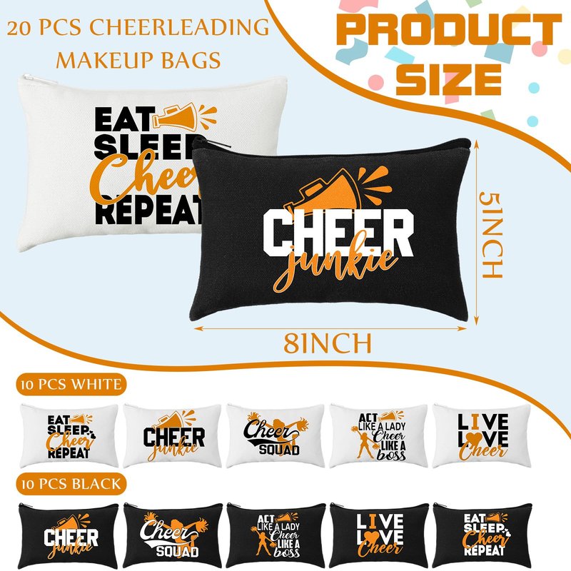 Pinkunn 20 Pcs Cheer Makeup Bags Bulk Cheer Team Gifts for Women Canvas Makeup Case Cheerleader Teams Gifts Zipper Cosmetic Pouch for Cheerleading Party Favors Supplies(Orange)