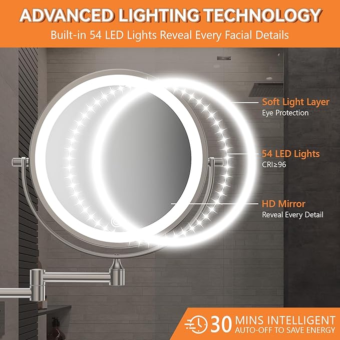 1X/20X Wall Mounted Makeup Mirror with Light, 8" Rechargeable Double-Sided Magnifying Mirror, Vanity Mirror Dimmable 3 Color Light, 360° Extension Rotation Foldable 14.5 Inch Arm, Brushed Nickel