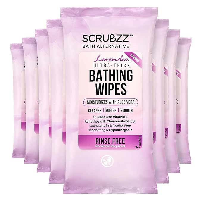 Extra Large Bath Wipes for Adults Bathing No Rinse - 80 Disposable Body Cleansing Wipes for Men, Women & Elderly - Great for Gym, Camping, Post Surgery - Shower Wipes - Lavender