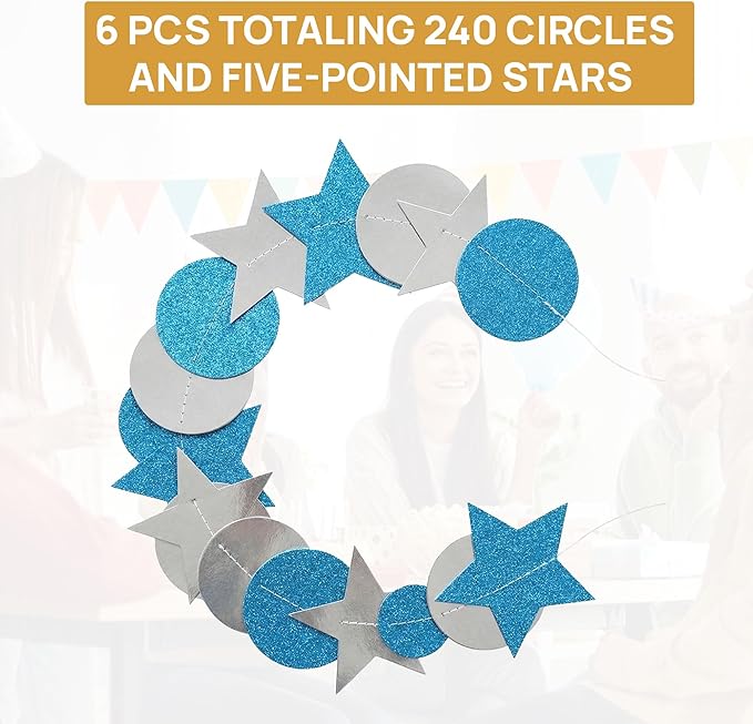 JOYIT 78ft Blue & Silver Glitter Garland – 6 Pack Twinkle Star & Circle Party Decorations for Birthday, Baby Shower, Wedding, Graduation, Space Themed Events & Holiday Backdrops (Star & Circle)