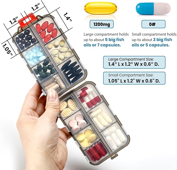 14 GRIDS Travel Pill Organizer Box with Labels - Travel Medicine Case Kit - Pocket Daily Pharmacy Container - Travel Medication Holder Dispenser for Fish Oil Vitamin Supplement Storage - Clear Gray