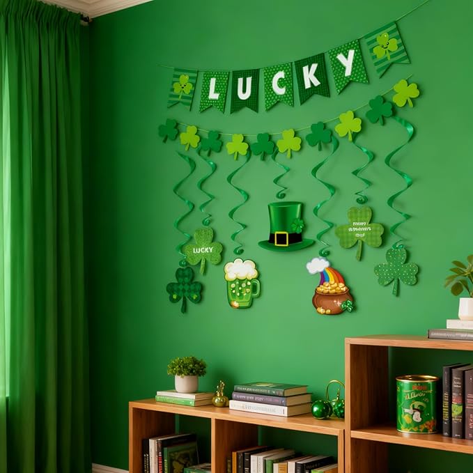 St. Patrick's Day Decorations Set for Party, Lucky Banner Shamrock Banner Garlands Hanging Swirls Clover Decor for Home St Patricks Day Party Supplies