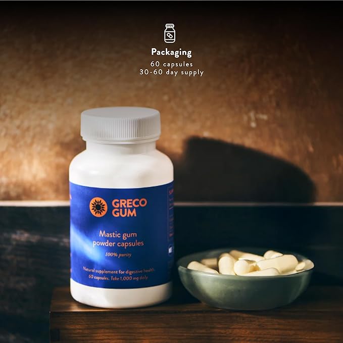 Mastic Gum Capsules 500 mg – Greek Chios Mastiha Supplement for Gut Health, Digestive Support and Bloating Relief – Pure Mastic Gum Powder – Vegan, Gluten-Free, No Fillers – 60 Count