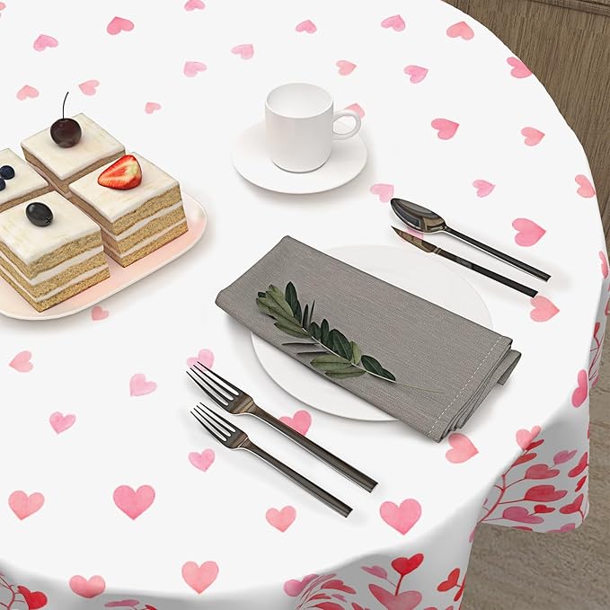 Valentine's Day Round Tablecloth 60 Inch Heart Pattern Circle Table Cloth Pink and White Table Cover Washable Polyester Indoor Decorations for Home Kitchen Dinning Party