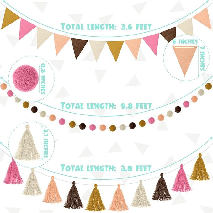 Irenare 9.8ft Pom Pom Garland Felt Rainbow Garland Graduation Party Decoration Colorful Pennant Tassel Banner Birthday Baby Shower Triangle Banner for Classroom School Mantel Fireplace(Boho Color)