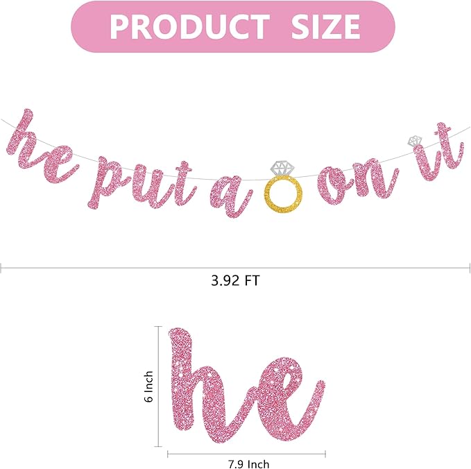 Glitter Pink He Put A Ring On It Banner Pre-Strung Engagement Decorations Bridal Wedding Party Backdrop Sign Garland Bachelorette Party Supplies,NO DIY