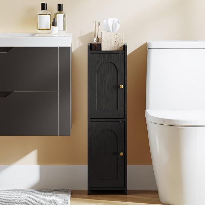 Bathroom Storage Cabinet, Corner Floor Cabinet with 2 Doors and Adjustable Shelf, Narrow Toilet Paper Cabinets, Bathroom Organizer for Small Spaces, 7.9" D x 7.9" W x 29.5" H Black