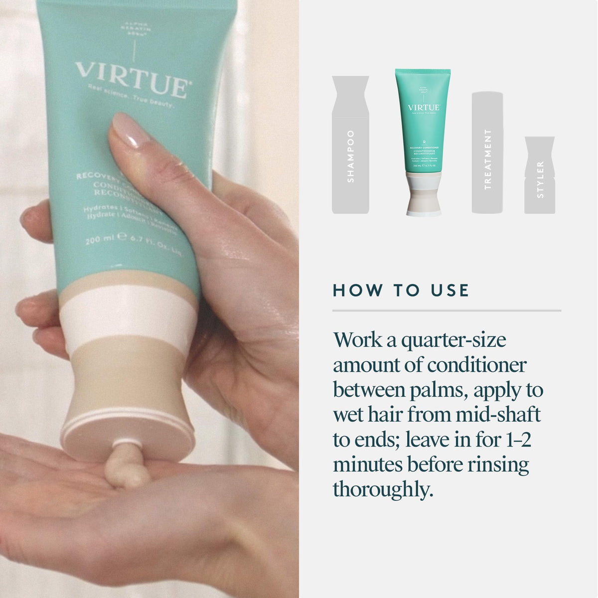 VIRTUE Recovery Conditioner with Keratin Hydrates, Softens, and Renews Damaged Hair, Sulfate Free, Color Safe