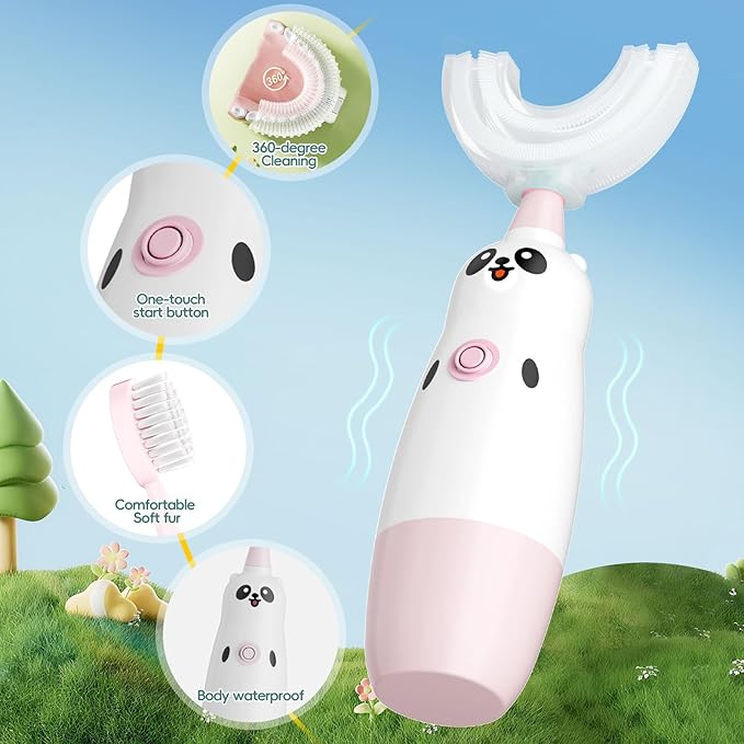 Kids U-Shaped Electric Toothbrush with 2 Brush Heads, Toddlers Sonic with 360 Degree Cleaning, Soft Bristles, Battery Included, IPX7 Waterproof, Cute cartoon for Girls and Boys, Ages 8-13 (Pink)