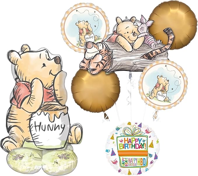 Anagram Classic Pooh Birthday Party Supplies 7pc Balloon Bouquet Decorations with Airloonz