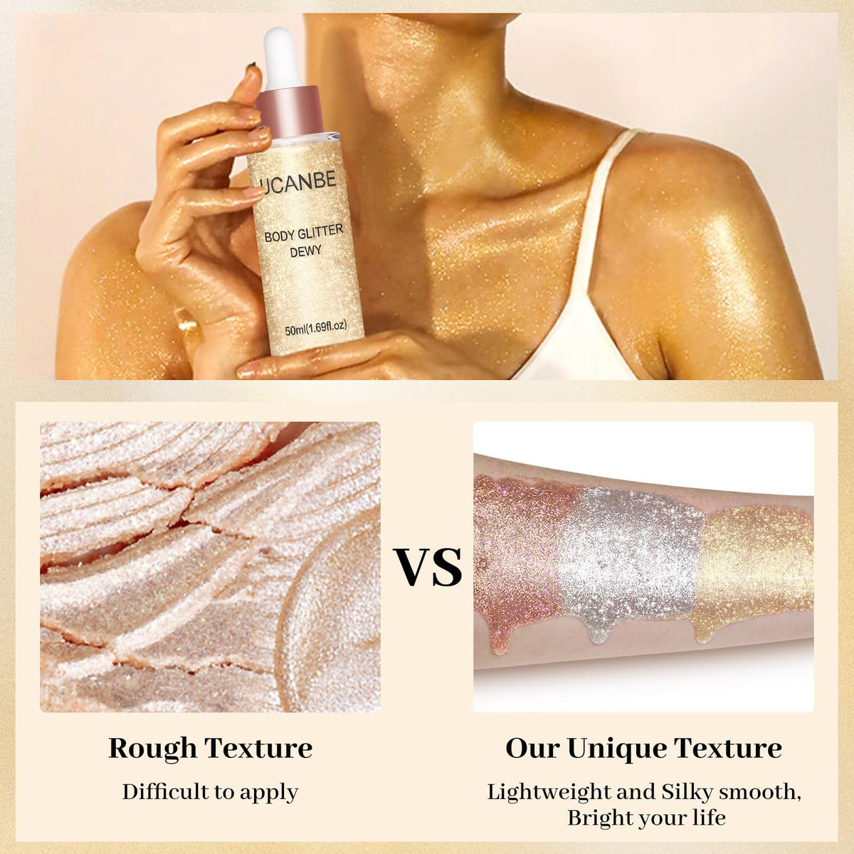 UCANBE Face Body Glitter Liquid Highlighter Illuminator Dewy Drops with Makeup Brush, Makeup Sparkle Shine Luminizer Enhancer Skin Body Shimmer Tint 50ml/1.69oz (02 Silver Fairy White, Standard)