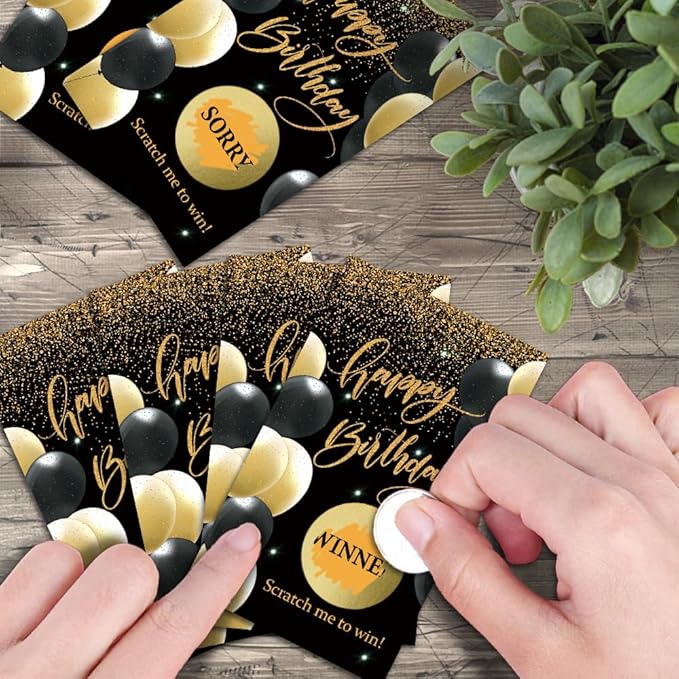 Haizct 50 Pack Happy Birthday Theme Scratch Off Card, Black Gold Balloon Scratch Card for 18th 40th 50th Birthday Tickets, Happy 50th 60th Party Supplies, Raffle Ticket Lottery Game for Group Activity
