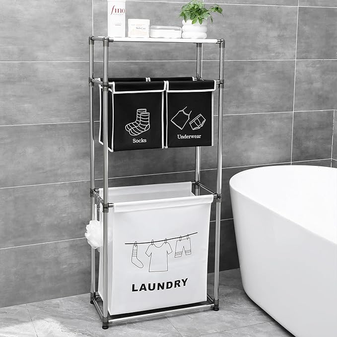 2-3 Tier Laundry Hamper with Removable Fabric Bins, Freestanding Laundry Sorter Organizer with Hooks, Foldable Sorting Basket for Bedroom, Bathroom & Dorm (3-Tier)