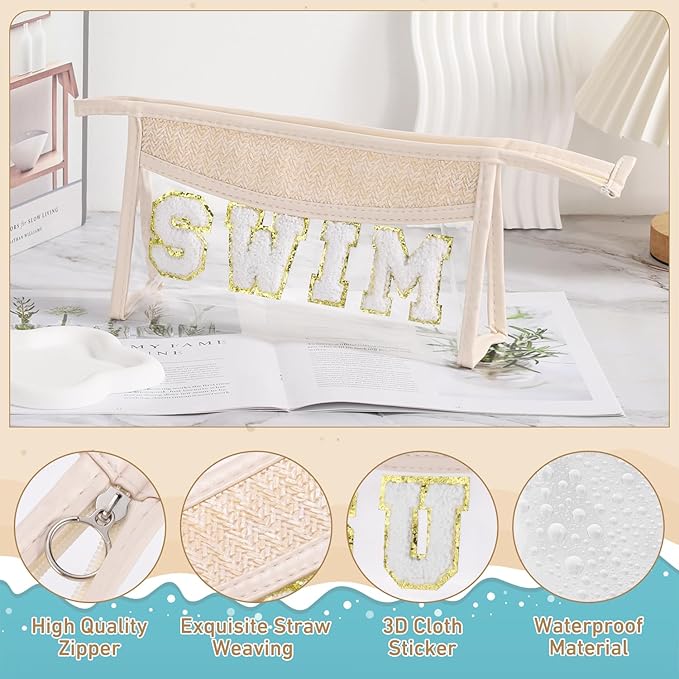Etercycle Clear Makeup Bag SWIM Pouch, Small Boho Straw Travel Beach Bag with Zipper, Waterproof Chenille Letter Cosmetic Bag Trendy Organizer Storage Bag for Beach Travel Essentials