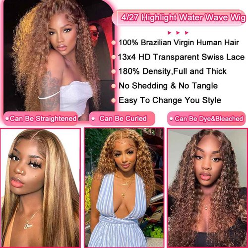 ALSZIQIHR 18 inch Water Wave P4/27 Highlight 13x4 HD Transparent Lace Front Wigs Ombre Human Hair Wet and Wavy Curly Glueless Lace Frontal Wigs Pre Plucked with Baby Hair 180% Density