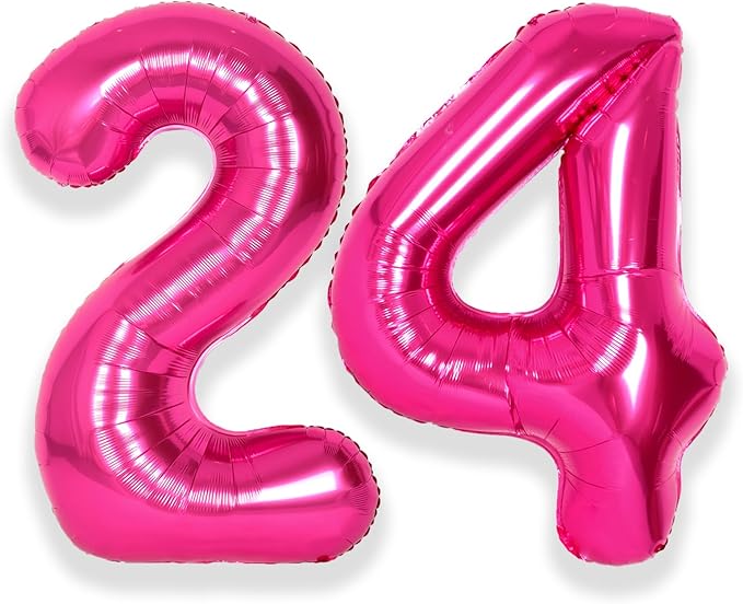 SUWEN 40 Inch Large Hot Pink 24 Number Balloons Big Foil Helium Number Balloons 0-9 Jumbo Happy 24th Mylar Birthday Party Decorations for Women 42 Anniversary Party Supplies