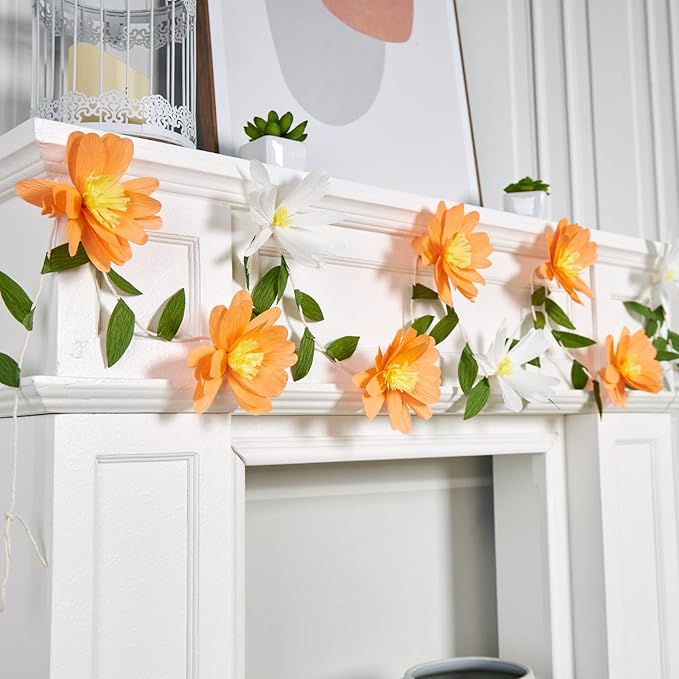 2PCS Paper Flower Garland, Paper Leaves Banner Vine Flowers with Green Leaves Crepe Flower Garland Decorations for Wall Anniversary Wedding Birthday Arch Decor-Orange