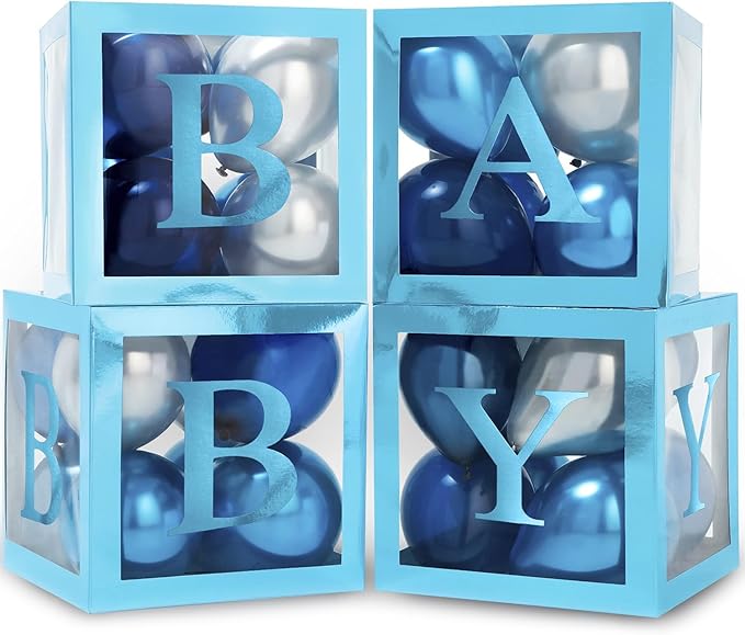 Baby Shower Boxes with Letters – Metallic Blue Boxes with Metallic Blue and Silver Balloons – 44-Piece Gender Reveal & Party Decoration Set by Vellax