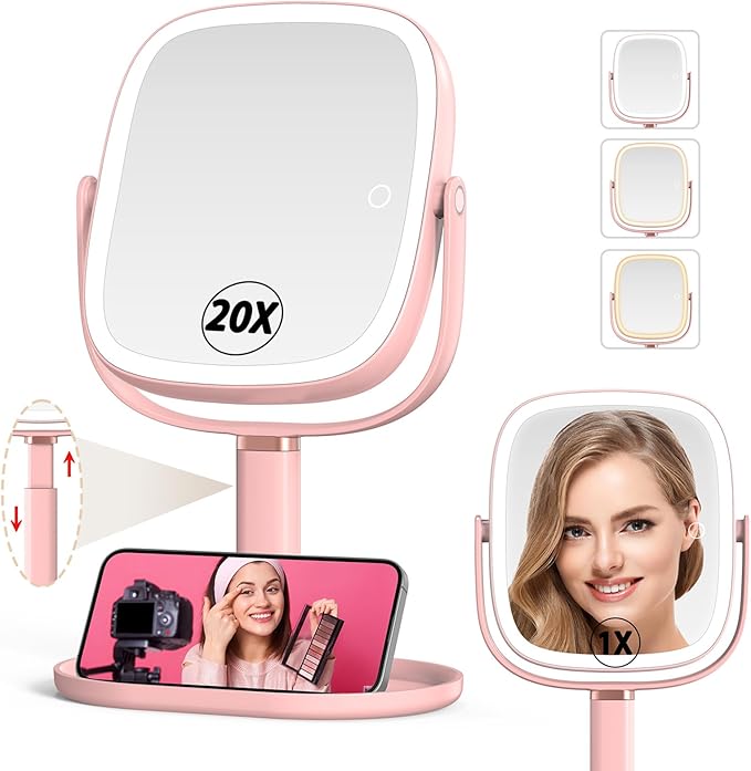 Mocado Makeup Mirror with Lights, 1X/20X Magnifying Mirror with Light, Vanity Mirror with 3 Colors Lights, Height Adjustable Lighted Makeup Mirror, Double Sided 360°Rotation, Memory Function (Pink)