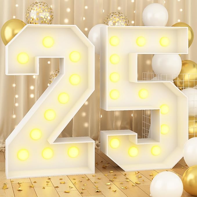 4ft Light Up Numbers 25 Number with Lights Bulbs White Marquee Frame Slots-in for 25th Birthday Party Decorations Pre-Cut Mosaic Cardboard Large Cut-Out Thick Foam Board 25 Sign Graduation New Year