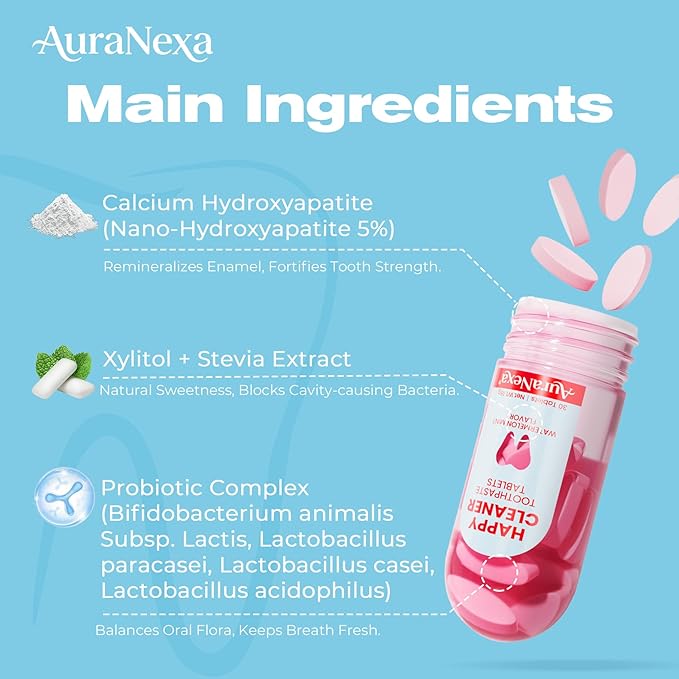 Auranexa Whitening Toothpaste Tablets – Remineralizing Nano Hydroxyapatite Chewable Toothpaste with Xylitol & Probiotics, Gentle Fluoride-Free Clean, Fresh Watermelon Mint, 30 Tablets