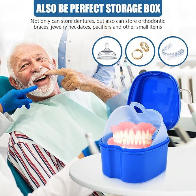 2 Pack Denture Bath Case Cup Box Holder Storage Container with Denture Cleaner Brush Strainer Basket for Travel Cleaning (White and Blue)