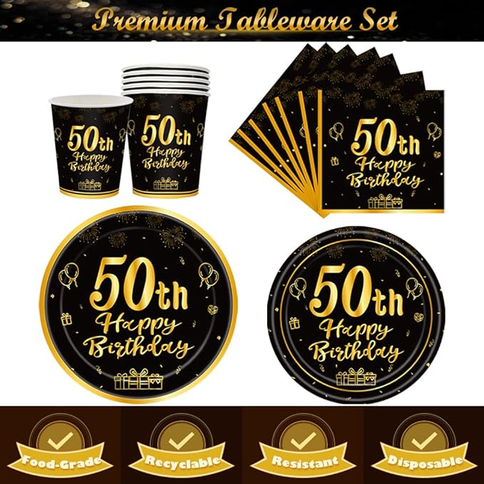 120Pcs 50th Birthday Party Supplies Plates Napkins Cups Forks Tableware Set Gold Black Happy 50th Birthday Themed Disposable Tableware Decoration Serves 24 Guests for Women and Men