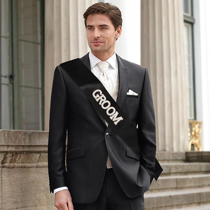 Etercycle Groom Sash, Bachelor Party Sash Wedding Decorations, Glitter Black Groomie Satin Sash For Wedding Engagement Party Favors Groom Bridal Shower Gifts With Diamond Pin