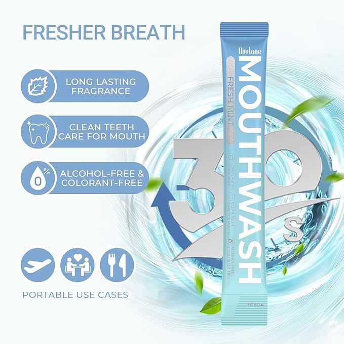 Mouthwash Travel Size, Mini Portable Fresh Breath Mouthwash, Alcohol & Fluoride-Free Oral Care for Air Travel Gifts, Dates & Office, Individually Wrapped Packets 0.5 Fl Oz (Pack of 20).