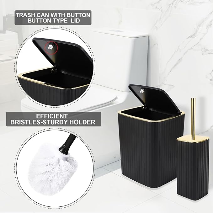 Bathroom Set with Shower Curtain and Rugs- 25PC Bathroom Accessory Set, Black Shower Curtain Set, Toilet Brush, Trash Can, Qtip Holder Dispenser & Soap Dispenser