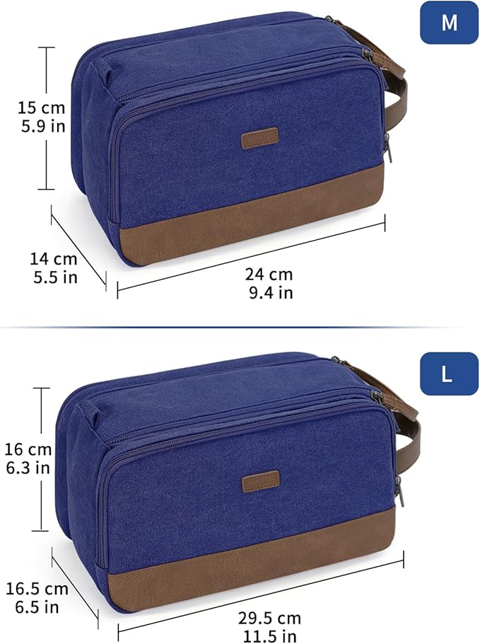 WANDF Toiletry Bag for Men Travel Toiletry Organizer Canvas and Leather Dopp Kit Water-Resistant Shaving Bag for Travel Accessories (Blue, Medium)