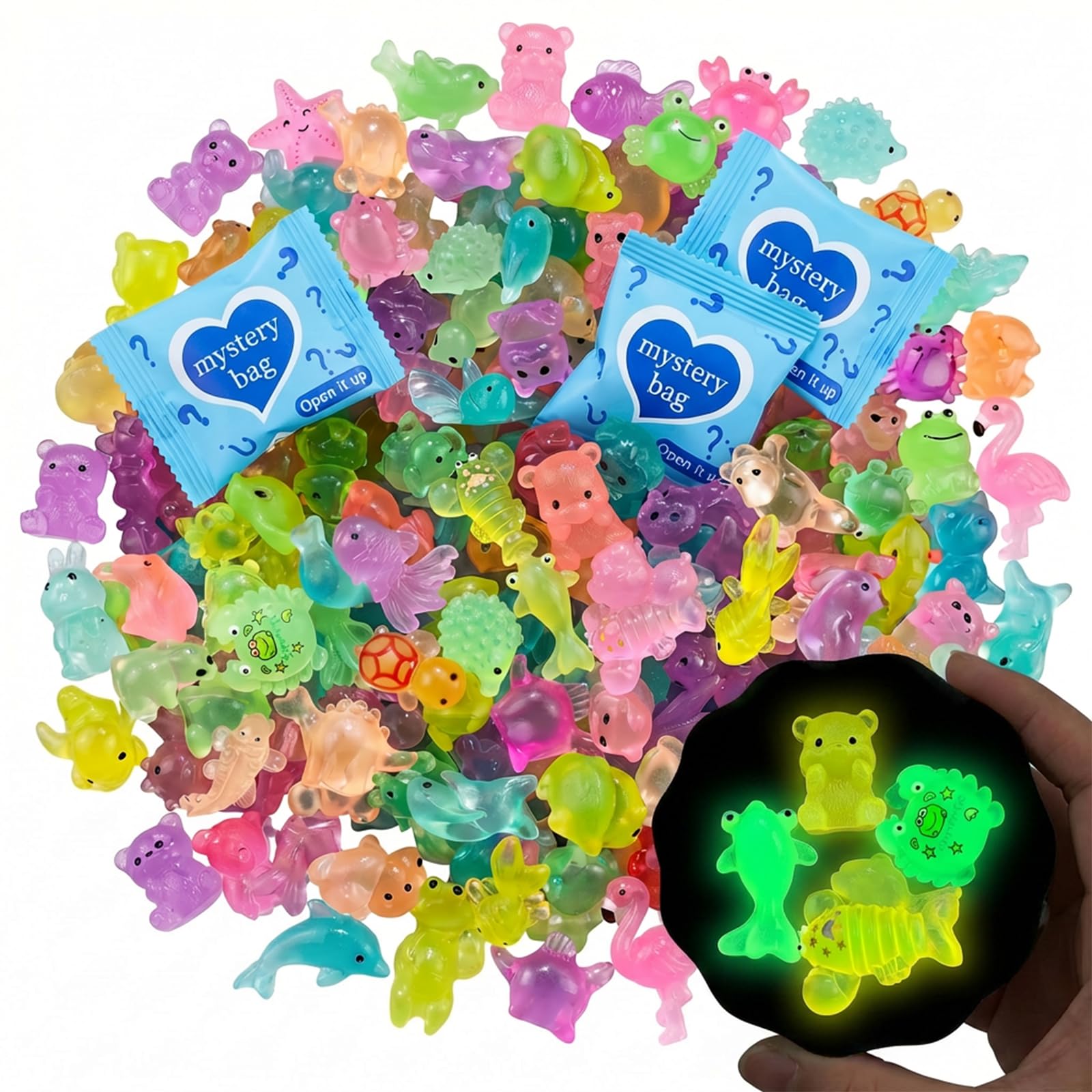 Brio Supply 200 Pcs Mini Resin Animals Blind Bags, Glow in The Dark & Glitter Mystery Animals, Individually Wrapped Tiny Luminous Miniatures for Fairy Garden, Micro Landscape, DIY Crafts