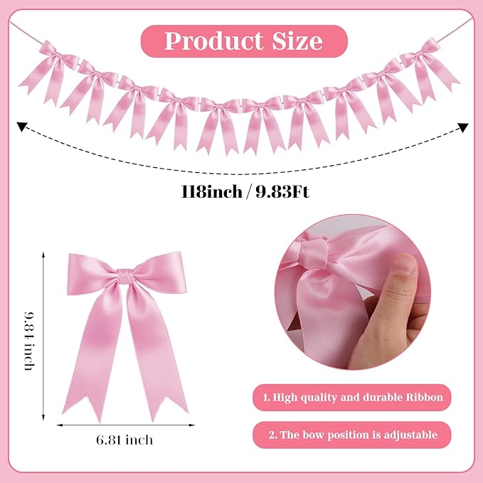 Barbie Pink Bow Garland Bow Banner Bow Party Decorations Pre-Strung Large Coquette Satin Ribbon for Birthday Bachelorette Party Bridal Shower Wedding Engagement Baby Shower