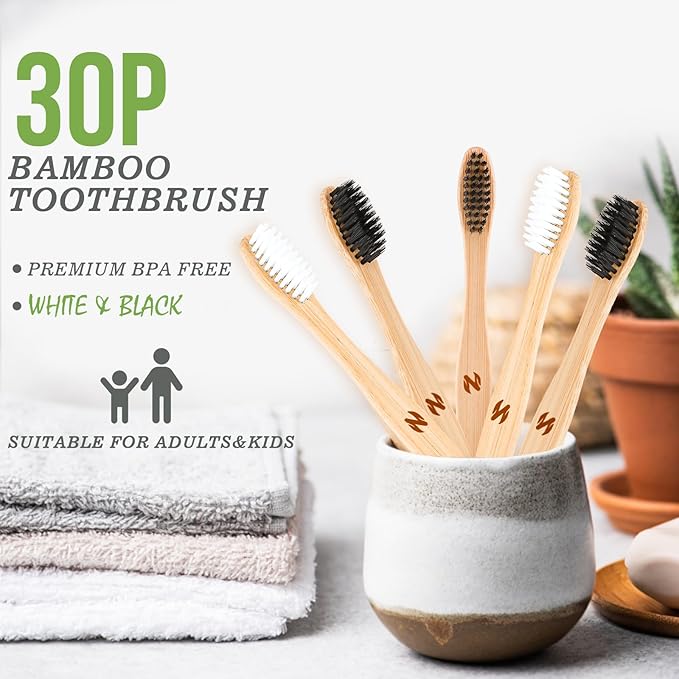 Navona 30 PCS Bamboo Toothbrushes Pack, BPA Free Medium Soft Bristles Toothbrushes for Adults, Eco-Friendly Natural Wooden Toothbrush Bulk, Box of Two Reusable Travel Toothbrush