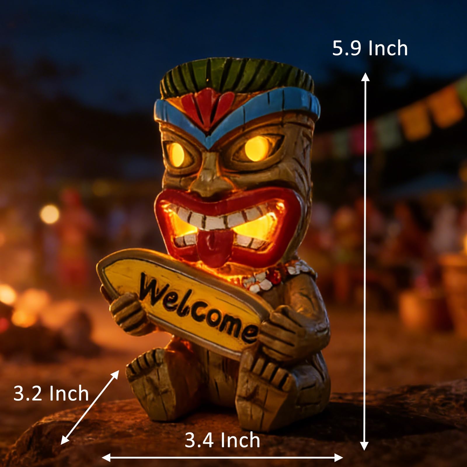 Suyorpe ﻿Miniature Tiki Garden Statue Solar Outdoor Decorations - Tiki Bar Welcome Sign Lights for Patio Yard Lawn Ornaments Gifts for Birthday Housewarming Summer 3.2''(W) x 3.4''(D) x 5.9''(H)