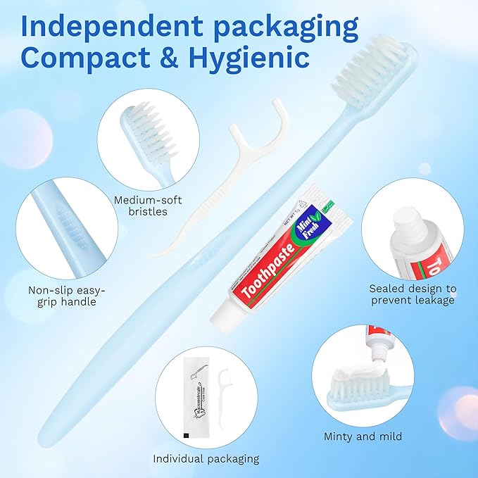 Disposable Toothbrushes with Toothpaste, Travel Toothbrush Kit, Individually Packaged, Light Blue, with Floss Picks, Suitable for Hotel, Home, Camping, Travel (30-Pack)
