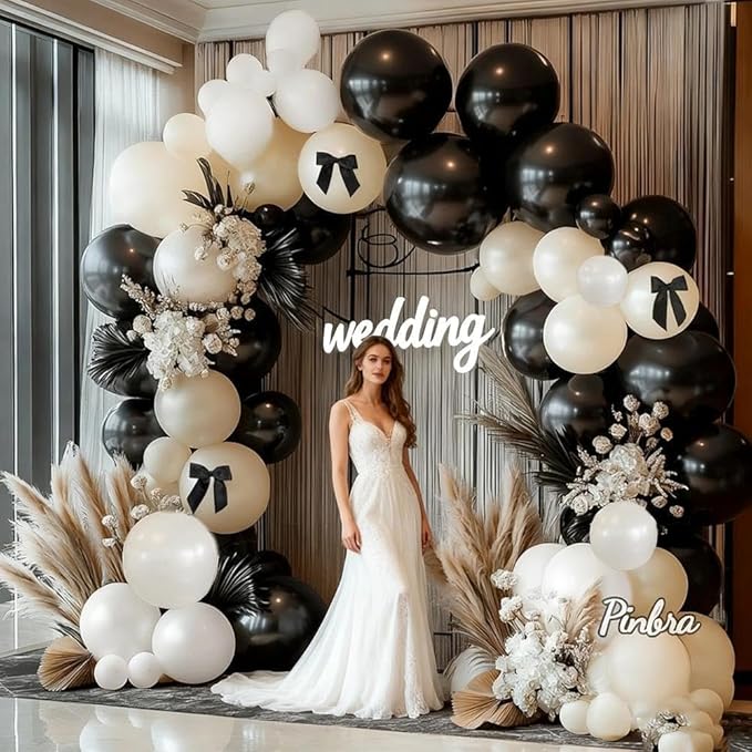 Black White Balloon Arch, Double Stuffed Pearl White Black Bow Balloon Garland Cream Ivory Sand Latex Balloons for Birthday Wedding Bridal Shower Engagement New Year Party Decorations