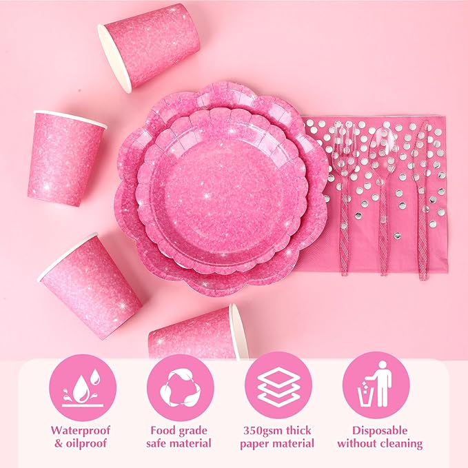 Hushee 175 Pcs Hot Pink Holographic Print Party 25 Guests Disposable Dinnerware Set Include Paper Plates, Napkins, Paper Cups, Plastic Tableware for Birthday Party