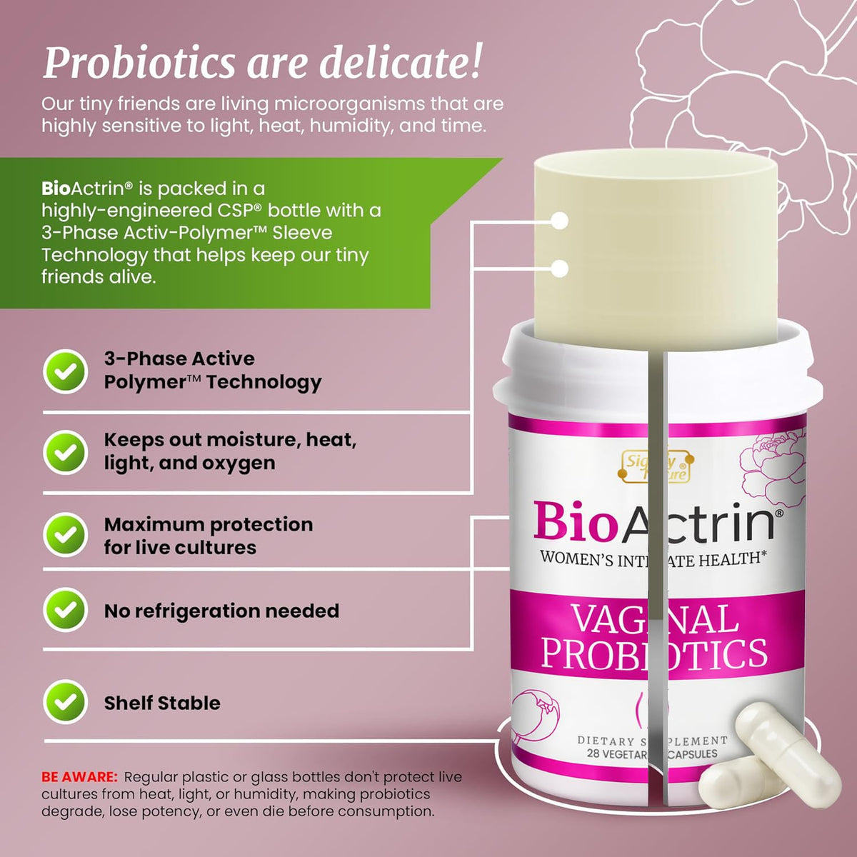 SIGNIFY NATURE Bioactrin Vaginal Probiotics for Women - Bacterial Vaginosis & Yeast Infection Treatment - BV Probiotic - pH Vaginitis Support-28 Pills