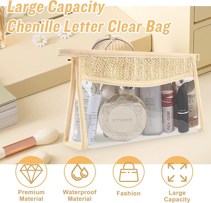 2Pcs Boho Patch Bag Clear Makeup Letter Bag, Waterproof Zipper Make up Bags Toiletry Pouch for Women Girls, Hollow Woven Clear Letter Patch Cosmetic Bags Transparent Organizer Pouch for Travel