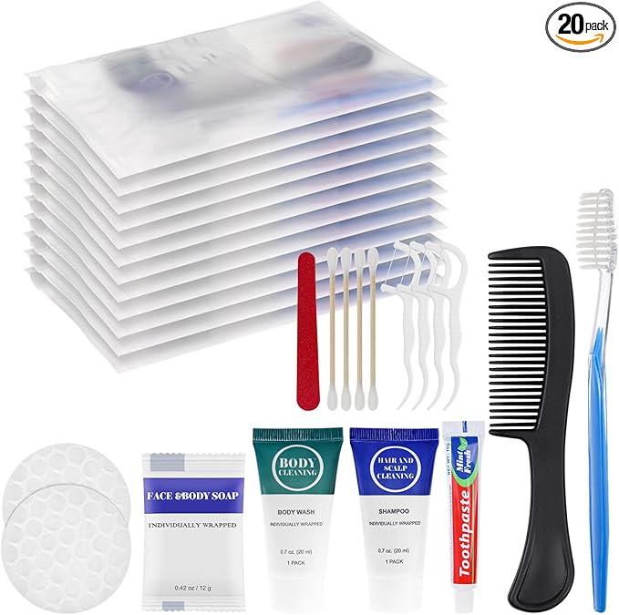 Toiletry Kits Travel Essentials Disposable Hygiene in Bulk, Trial Size Toiletries Supplies Individually Wrapped Traveling Personal Care Items, for Camping, Hotel, Homeless, Charity, 8-in-1 (20-Pack)
