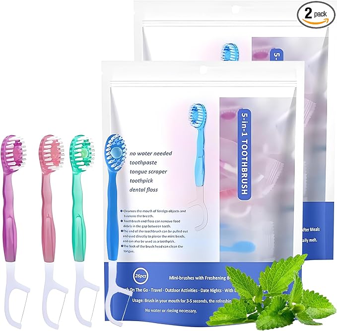5 in 1 Mini Toothbrushes with Toothpaste, 26Pcs Toothbrush & Floss, All in one Oral Care on The go, 5 in 1 mini Brush, Toothpaste and Floss, Disposable Travel Toothbrush, 2 Set