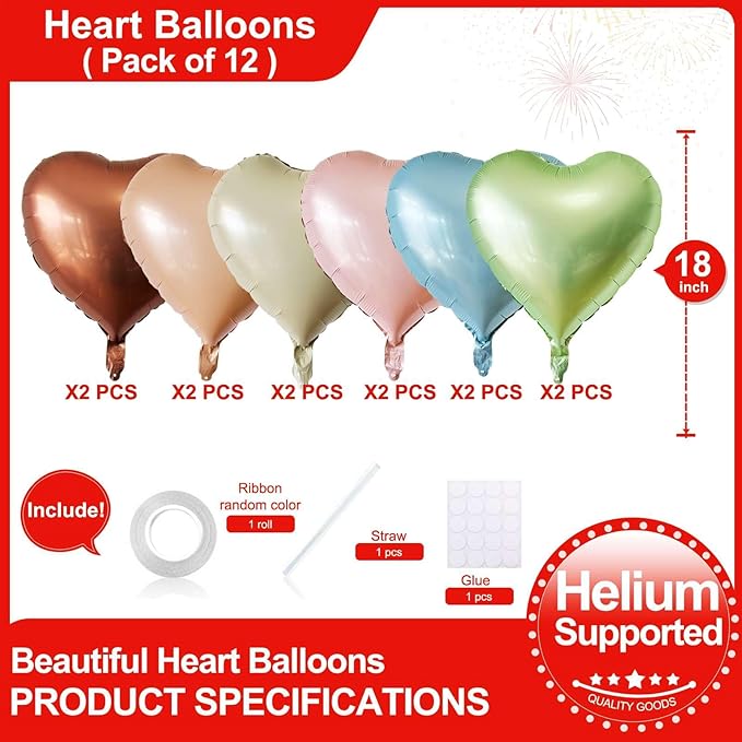 Lovoir 12 Pcs Pink Heart Shape Foil Mylar Balloons 18 Inch Love Balloons for Valentine's Day Birthday Party Decorations Wedding Engagement Romantic Decor (6 Mixed Color)